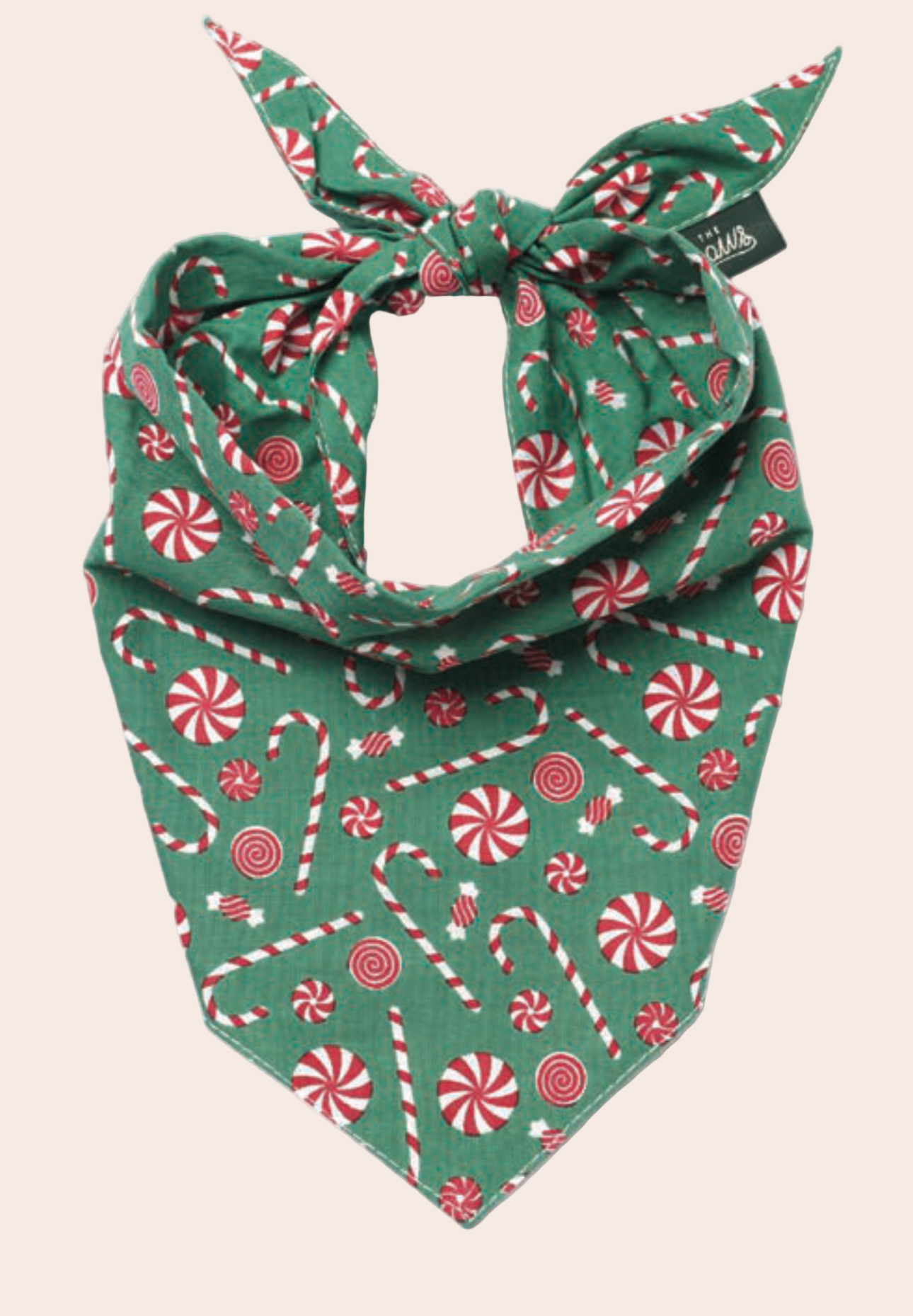 Green bandana with red candy cane pattern on a white background