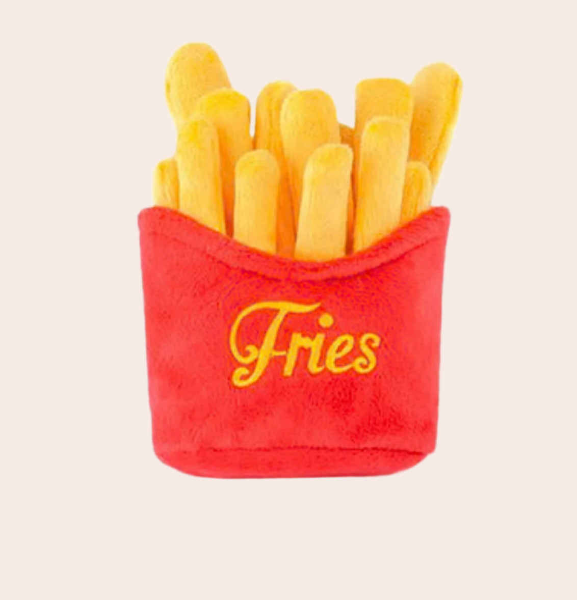 Plush toy resembling a basket of fries with 'Fries' text on a white background