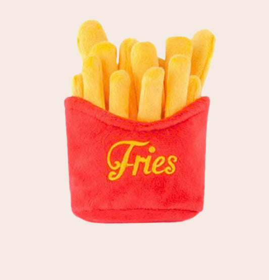 Plush toy resembling a basket of fries with 'Fries' text on a white background
