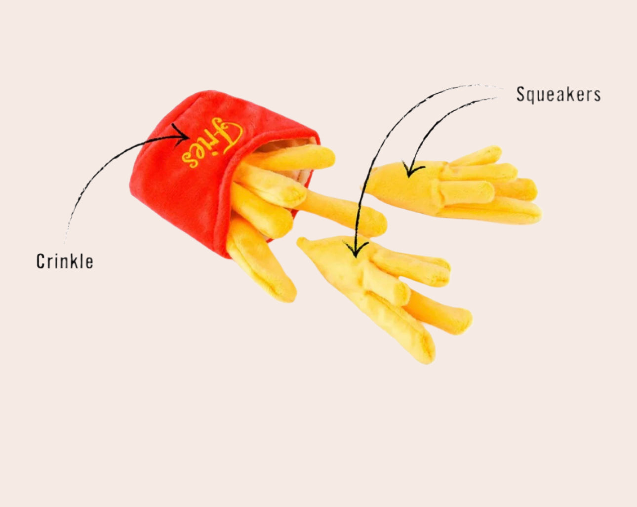 Toy resembling a container of French fries with crinkle and squeaker features on a white background